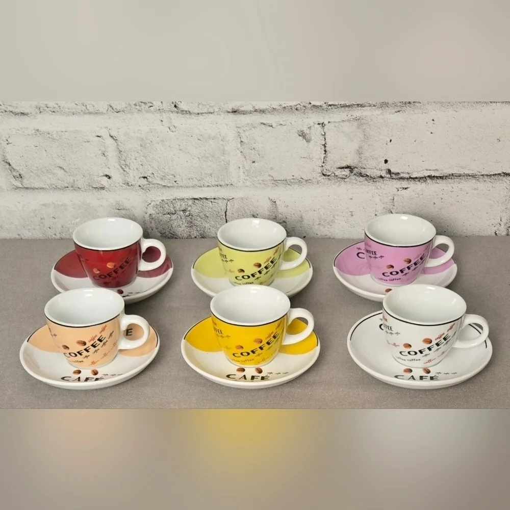 Vintage Café Coffee Cups & Saucers Set of 6 Multicolor Espresso Style - Picture 2 of 12